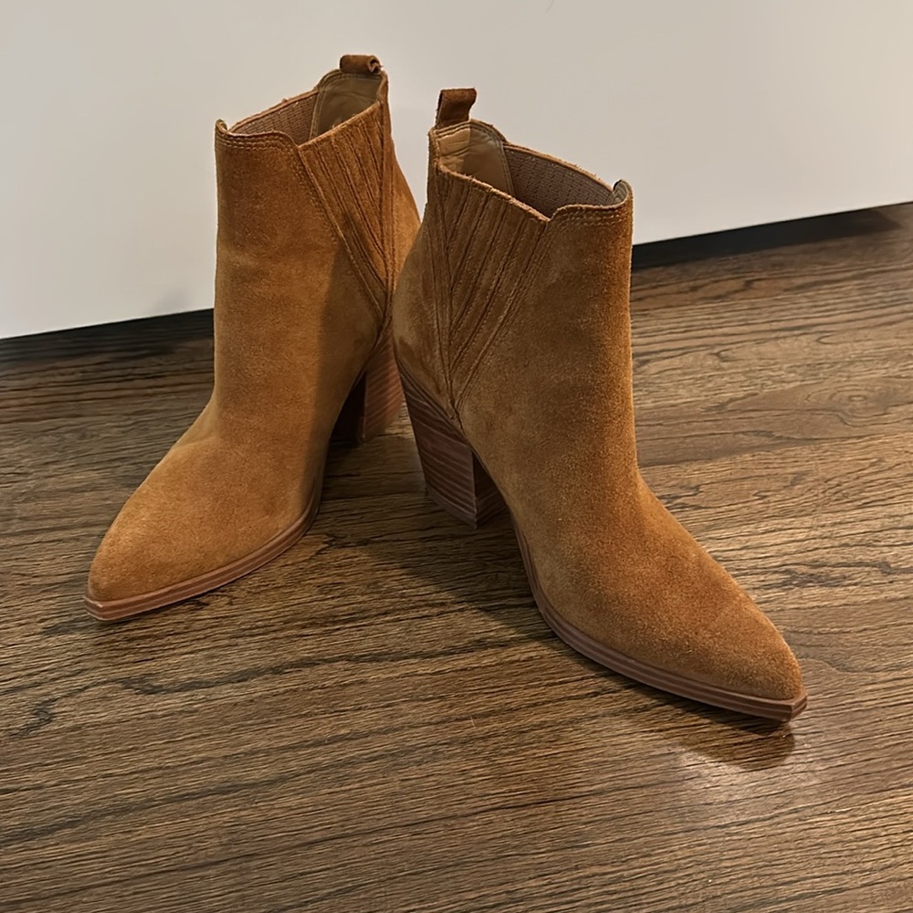 Mark Fisher, tan nubuck booties with wooden block heel, size 8